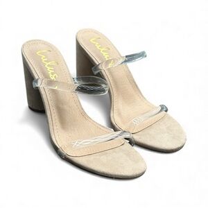 New‎ in box, Lulu's Dakyana Tan and Clear Strap Block Heels